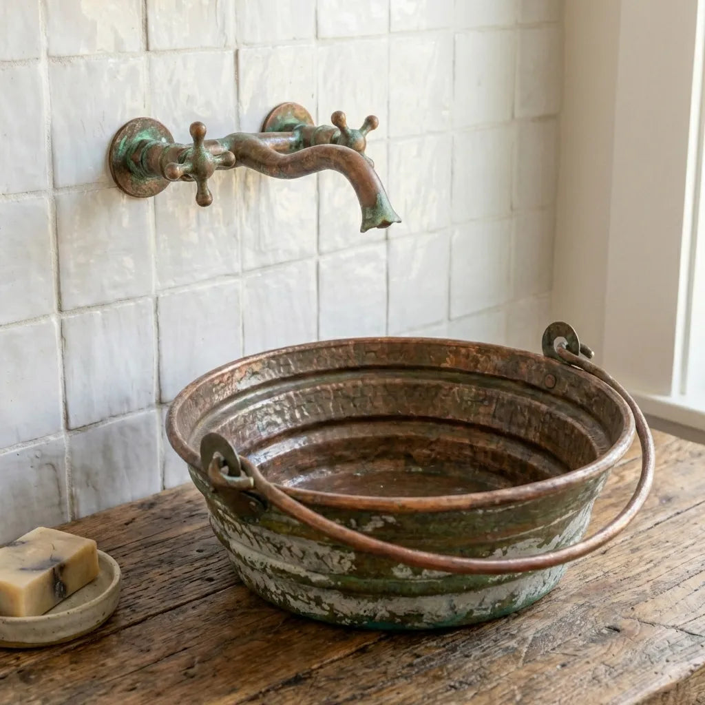 Antique Copper Basin Sink with Handles – Rustic Bathroom Washbowl
