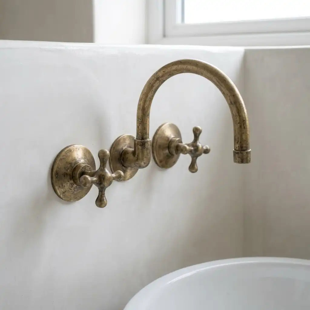 Vintage Antique Brass Wall Mount Faucet - Solid Brass Cross Handle Bathroom Sink TapTraditional Wall Mounted Brass Faucet with Cross Handles