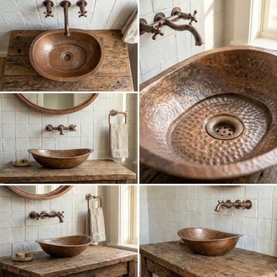 Hand-Hammered Copper Vessel Sink - Rustic Bathroom WashbasinHand-Hammered Copper Vessel Sink - Rustic Bathroom Washbasin