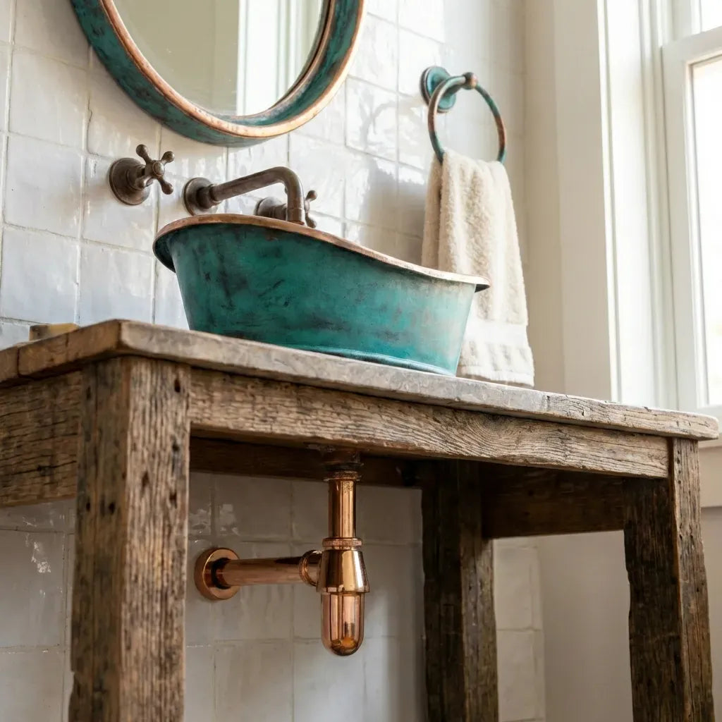 Artisan Oxidized Copper Bathroom Sink – Green Patina Tub-Style Vessel