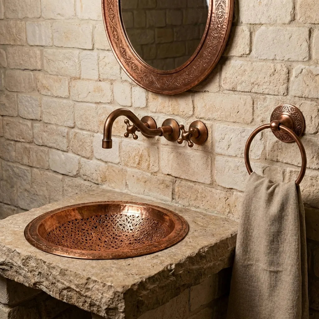Artisan copper washbasin set into stone vanity with vintage brass wall faucet