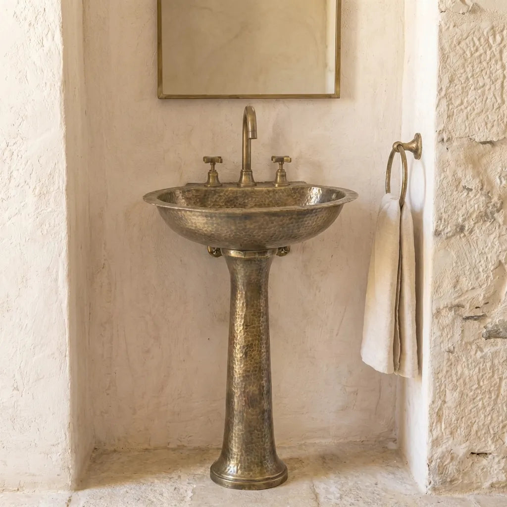 Handcrafted Hammered Brass Pedestal Sink - Vintage Unlacquered Bathroom BasinHandcrafted Hammered Brass Pedestal Sink -Vintage Bathroom Basin