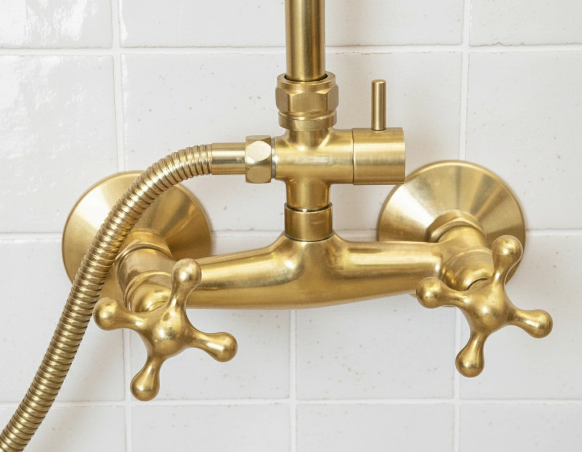 Unlacquered Brass Shower System – Wall Mount Mixer with Handheld - Zayian