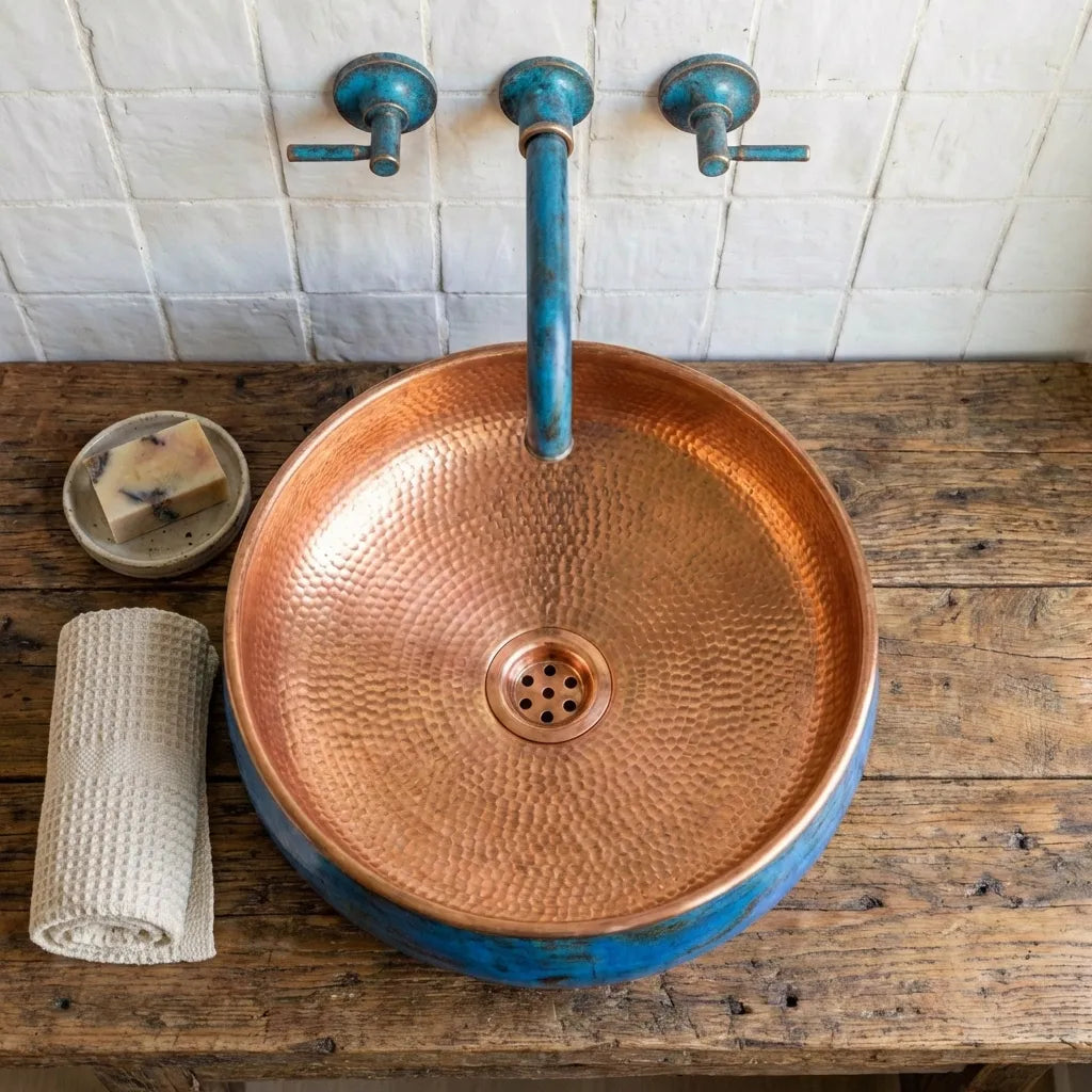 Copper sink with blue faucet on a wooden surface