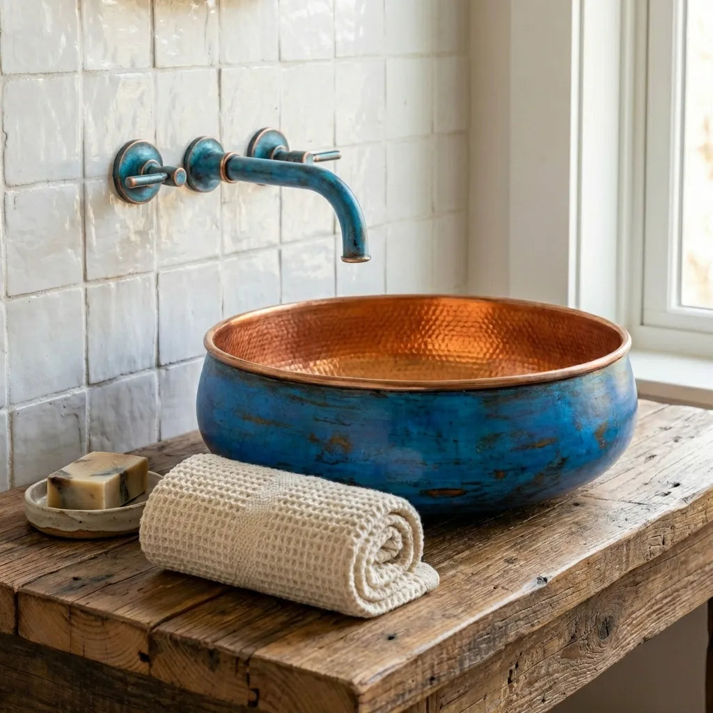 Copper sink with blue faucet on a wooden countertop in a bathroom.