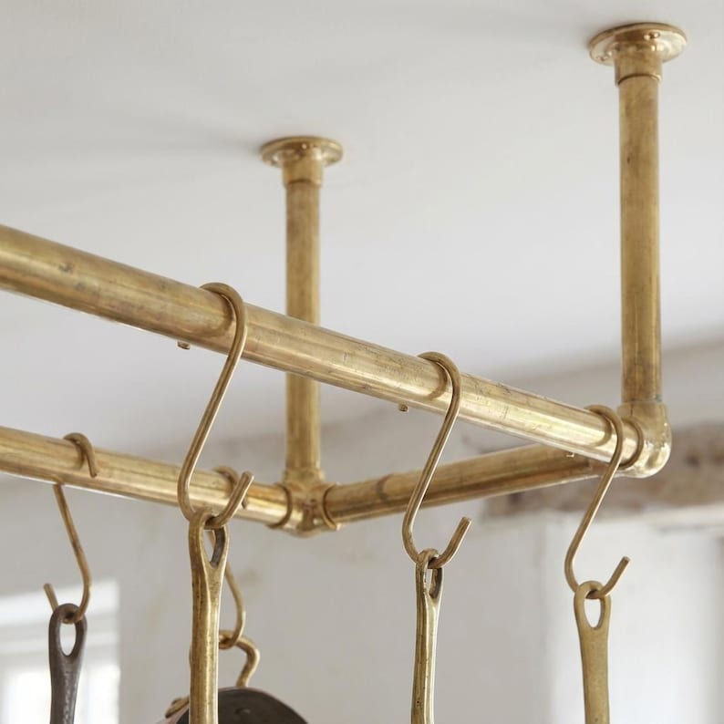 Solid Brass Ceiling Pot Rack – Handmade Hanging Kitchen Rail with Hooks - Zayian