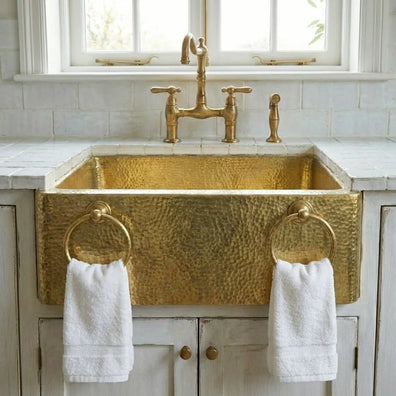Hammered Brass Farmhouse Sink with Towel Rings - Handmade Apron-Front Kitchen SinkHammered Brass Farmhouse Sink with Towel Rings |e Apron-Front Sink