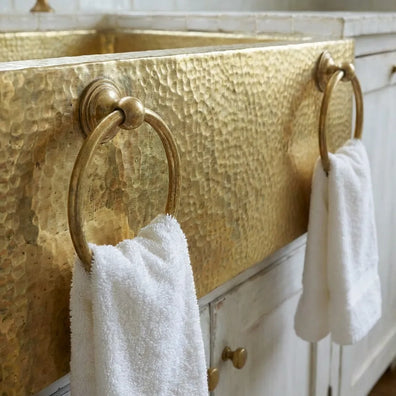 Hammered Brass Farmhouse Sink with Towel Rings - Handmade Apron-Front Kitchen SinkHammered Brass Farmhouse Sink with Towel Rings |e Apron-Front Sink