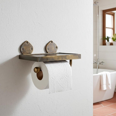 Brass Toilet Paper Holder with Shelf - Wall Mounted Vintage Bathroom HardwareBrass Toilet Paper Holder with Shelf - Rustic Wall Mount Hardware