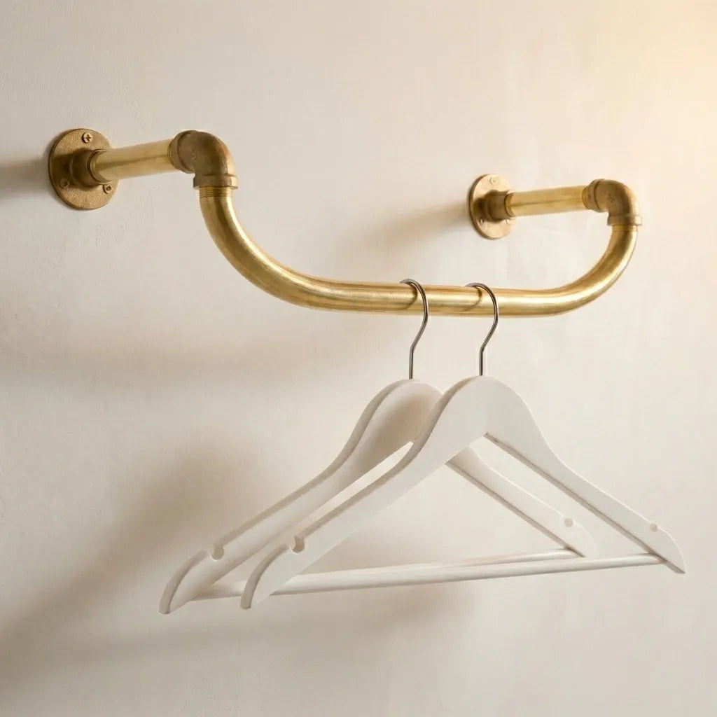 Curved Wave Unlacquered Solid Brass Pipe Wall Clothes Rack - Sculptural Garment RailCurved Wave Unlacquered Solid Brass Pipe Wall Clothes Rack