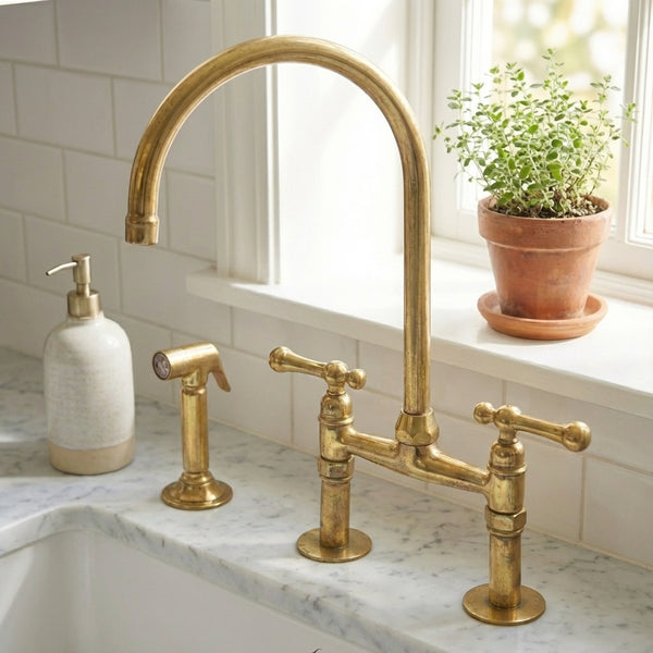 Farmhouse Unlacquered Brass Bridge Faucet with Dual Lever HandlesFarmhouse Unlacquered Brass Bridge Faucet with Lever Handles |Shop Now