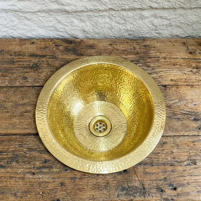 Hammered Unlacquered Brass Round Bar Sink - Solid Brass Prep Sink with DrainHammered Unlacquered Brass Round Bar Sink 