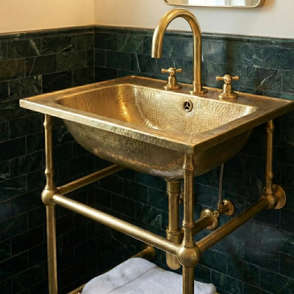 Hammered Brass Console Sink With Legs - Handmade Unlacquered Brass Bathroom SinkHammered Brass Console Sink With Legs - Handmade Unlacquered Brass