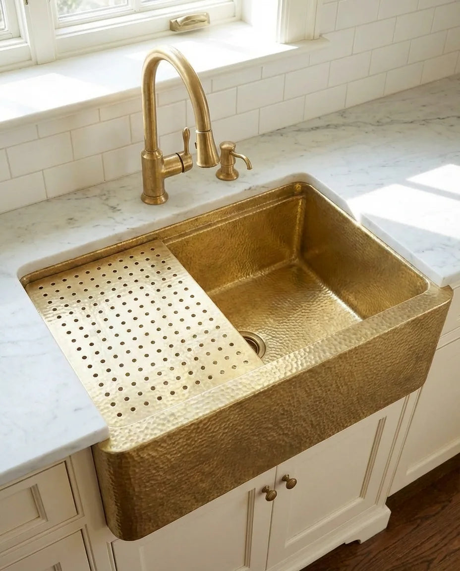 Hammered Brass Farmhouse Apron-Front Sink with Drain Grid