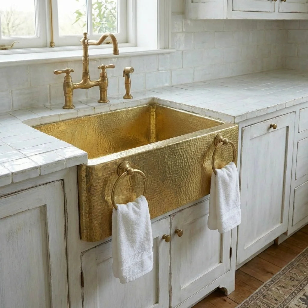 Hammered Brass Farmhouse Sink with Towel Rings 