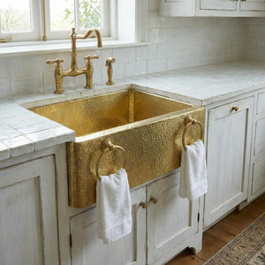 Hammered Brass Farmhouse Sink with Towel Rings 