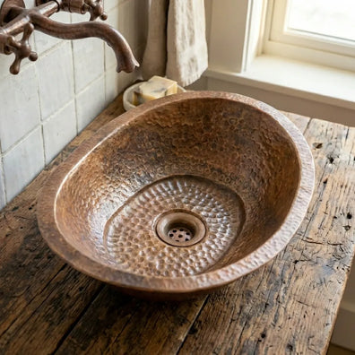 Hand-Hammered Copper Vessel Sink - Rustic Bathroom WashbasinHand-Hammered Copper Vessel Sink - Rustic Bathroom Washbasin