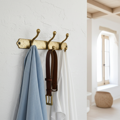 Hammered Solid Brass Wall Hooks - Handmade Unlacquered Coat RackHammered Solid Brass Wall Hooks - Handmade Unlacquered Coat Rack
