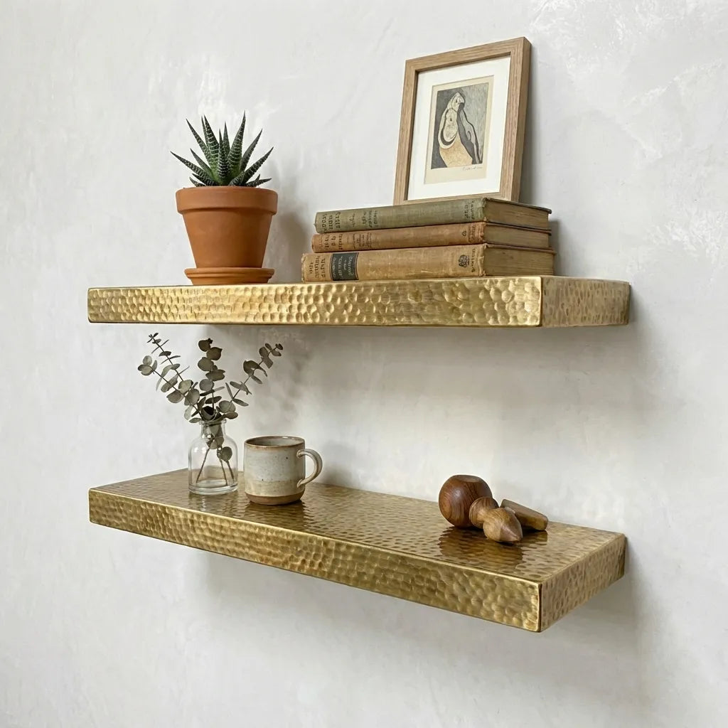 Hammered brass floating wall shelf set, handcrafted metal display ledges