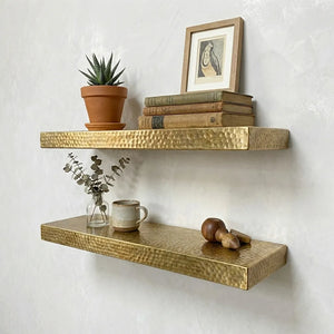 Hammered brass floating wall shelf set, handcrafted metal display ledges