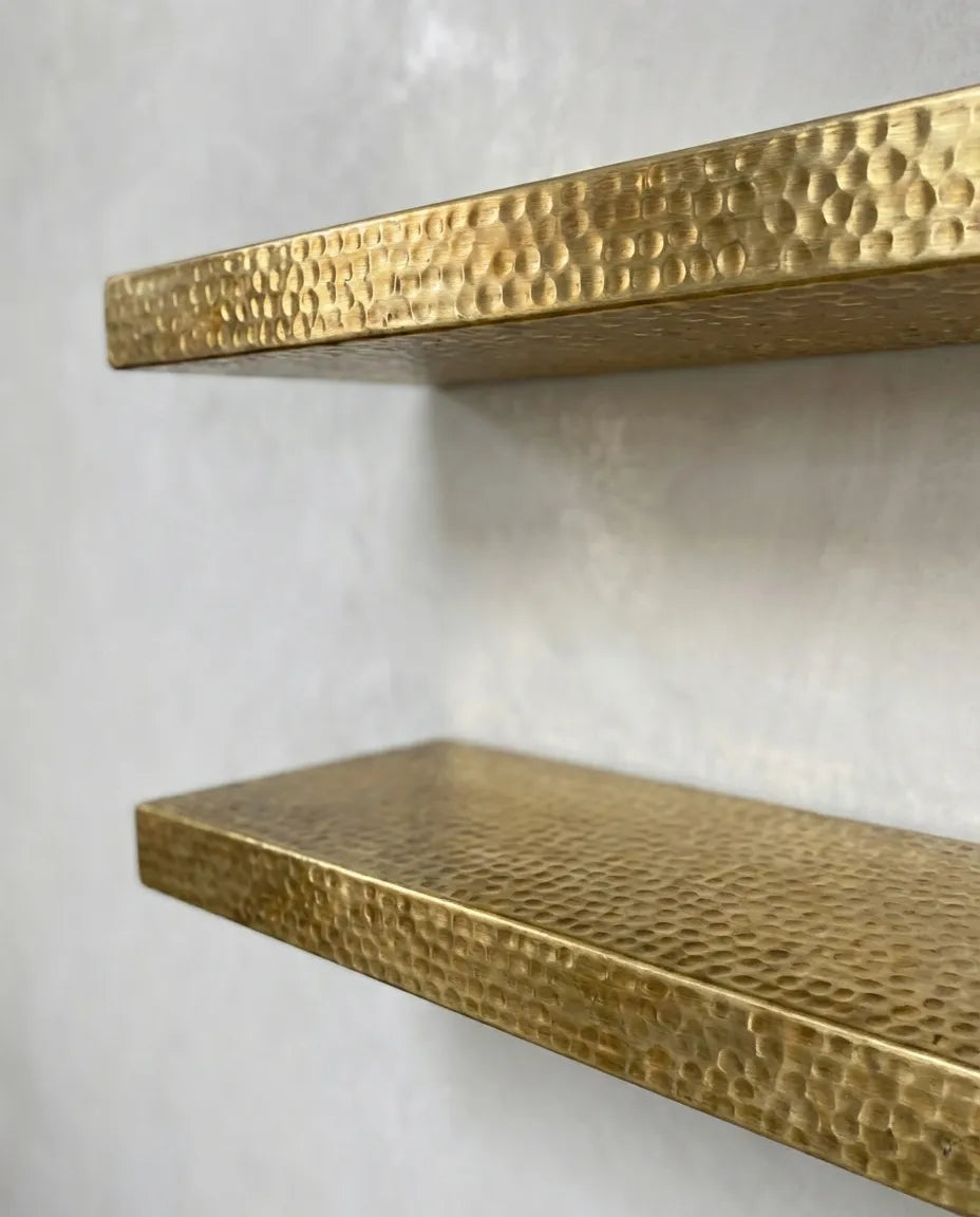 Hammered brass shelf ledge set, floating wall shelves for bathroom or kitchen decor