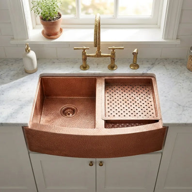 Double-Bowl Hammered Copper Farmhouse Kitchen Sink - KovaDouble-Bowl Hammered Copper Farmhouse Kitchen Sink - Kova
