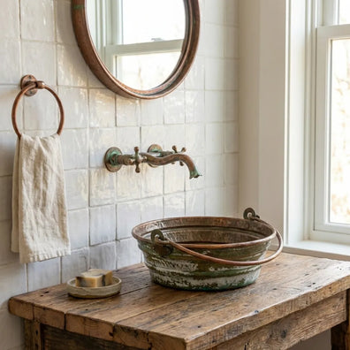 Green Patina Copper Bucket Sink - Handmade Round Vessel Basin with HandlesGreen Patina Copper Bucket Sink - Handmade Vessel Basin | Zayian