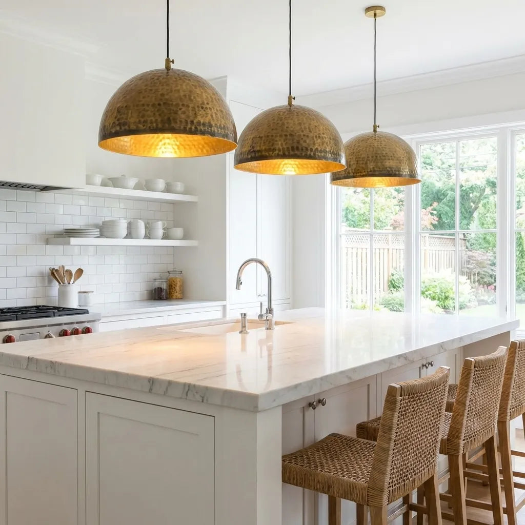 Modern kitchen with marble island, pendant lights, and wicker chairs.