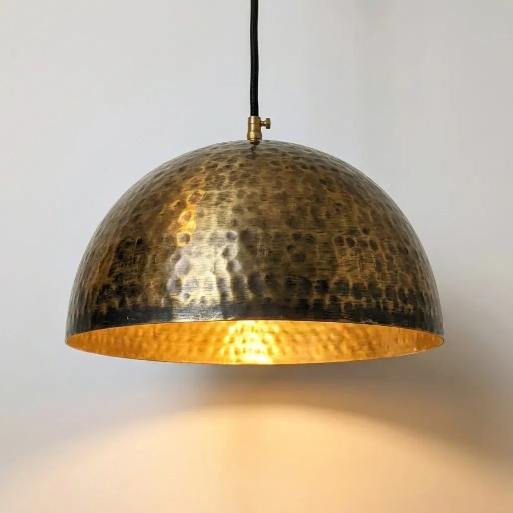 Handcrafted Hammered Brass Dome Pendant Light – Antique Aged Ceiling Lamp Kitchen Island, Dining Room & Bar