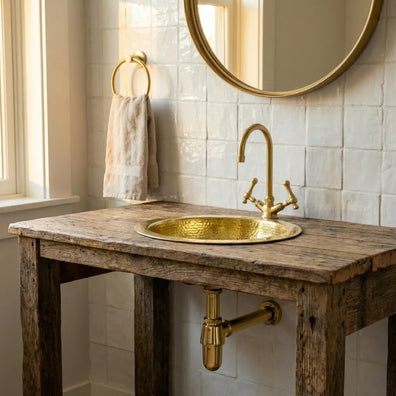 Hammered Unlacquered Brass Round Bar Sink - Solid Brass Prep Sink with DrainHammered Unlacquered Brass Round Bar Sink 
