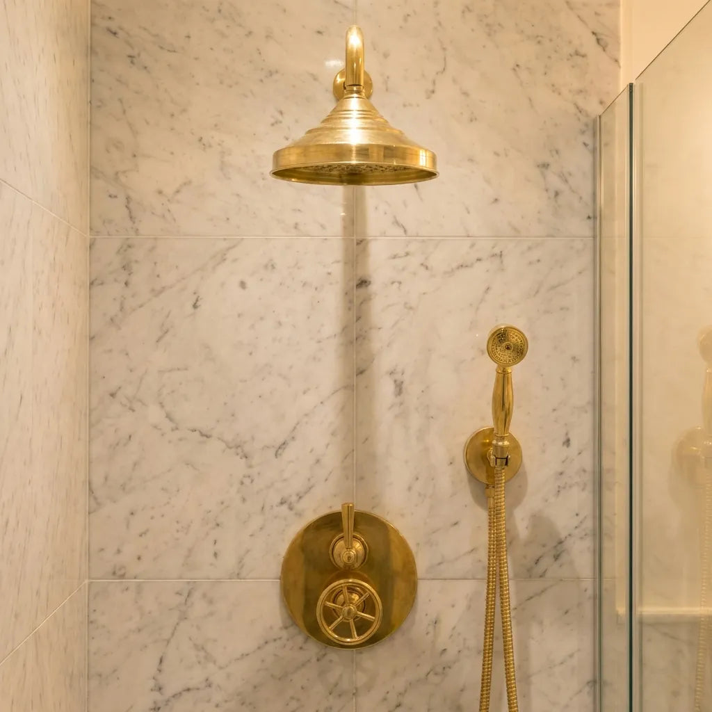 Unlacquered Brass Thermostatic Mixer Shower System -Rain Head with HandheldUnlacquered Brass Thermostatic Mixer Shower System - Rain Head with Handheld