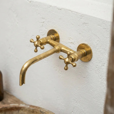 Handcrafted Unlacquered Brass Wall Mounted Tub Filler With Cross HandlesHandcrafted Unlacquered Brass Wall Mounted Tub Filler