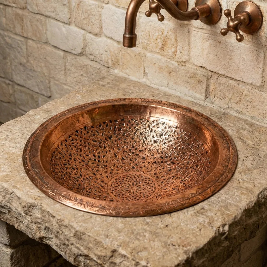 Handcrafted copper bathroom vessel sink with decorative engraving and brass fixtures