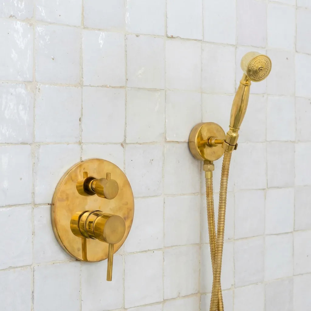 Handcrafted solid brass shower fixture with rain head and flexible hand shower hose
