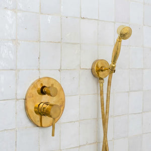 Handcrafted solid brass shower fixture with rain head and flexible hand shower hose
