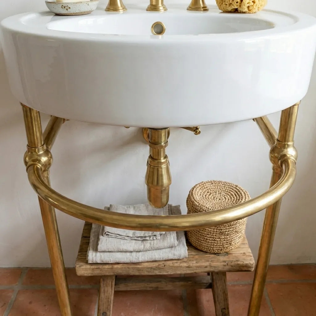 Solid Brass Console Sink Legs with Curved Support Rail - Luxury Bathroom Stand BaseSolid Unlacquered Brass Console Sink Legs with Rail •Custom Size