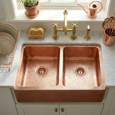 Double Bowl Copper Kitchen Sink Front Apron-JettJett Double Bowl Copper Kitchen Sink with Front Apron 