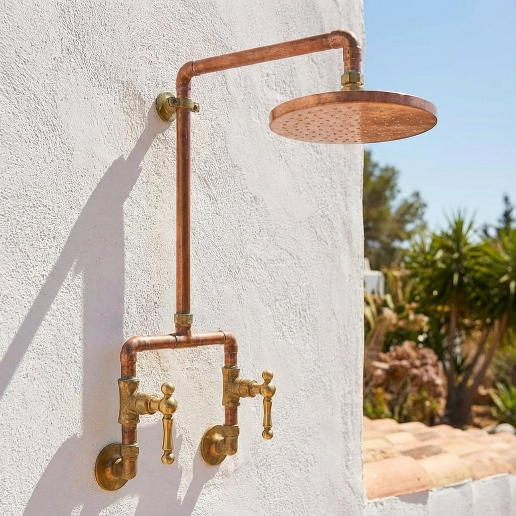 Handmade Copper Outdoor Shower – Unlacquered Copper Rainfall Head - Zayian