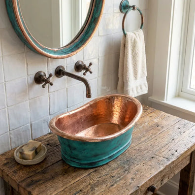 Oxidized Copper Tub Sink - Handmade Green Patina Bathroom VesselOxidized Copper Tub Sink | Handmade Green Patina Bathroom Vessel