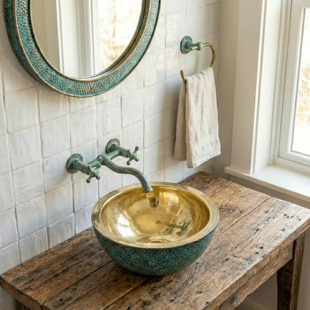 Handmade Round Brass Washbasin with Verdigris Finish | Luxury Bathroom