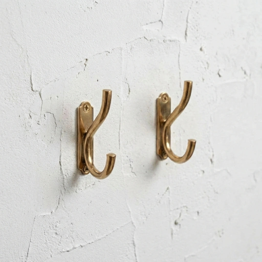 Handmade Unlacquered Brass Double Robe Hooks ,Wall-Mounted Bathroom Hooks
