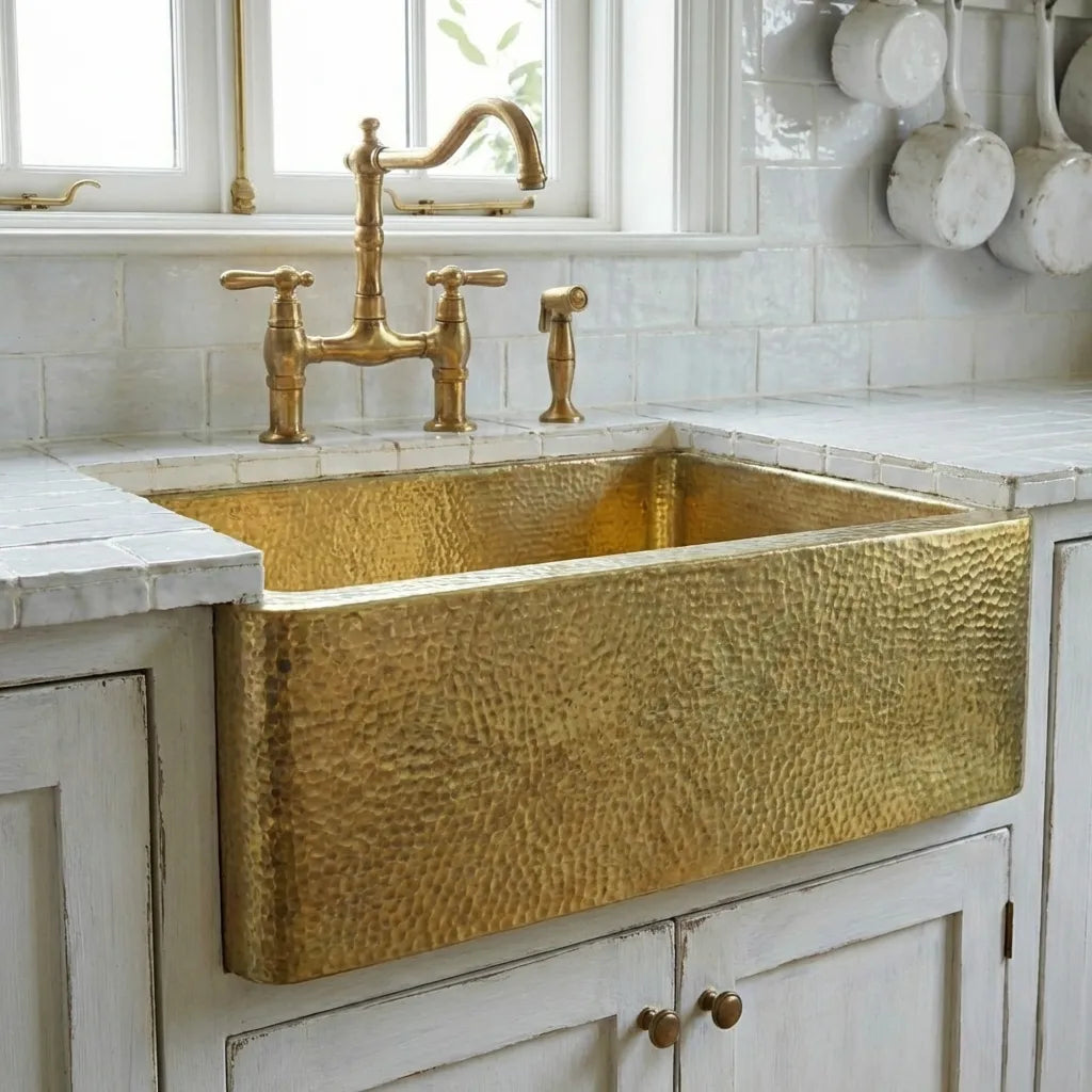 Handmade hammered brass apron sink installed in vintage white kitchen cabinet under window