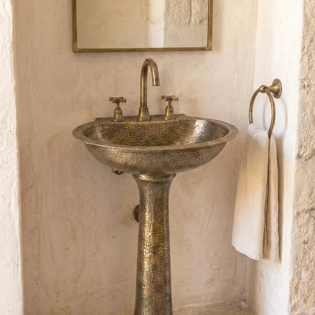 Handcrafted Hammered Brass Pedestal Sink - Vintage Unlacquered Bathroom BasinHandcrafted Hammered Brass Pedestal Sink -Vintage Bathroom Basin