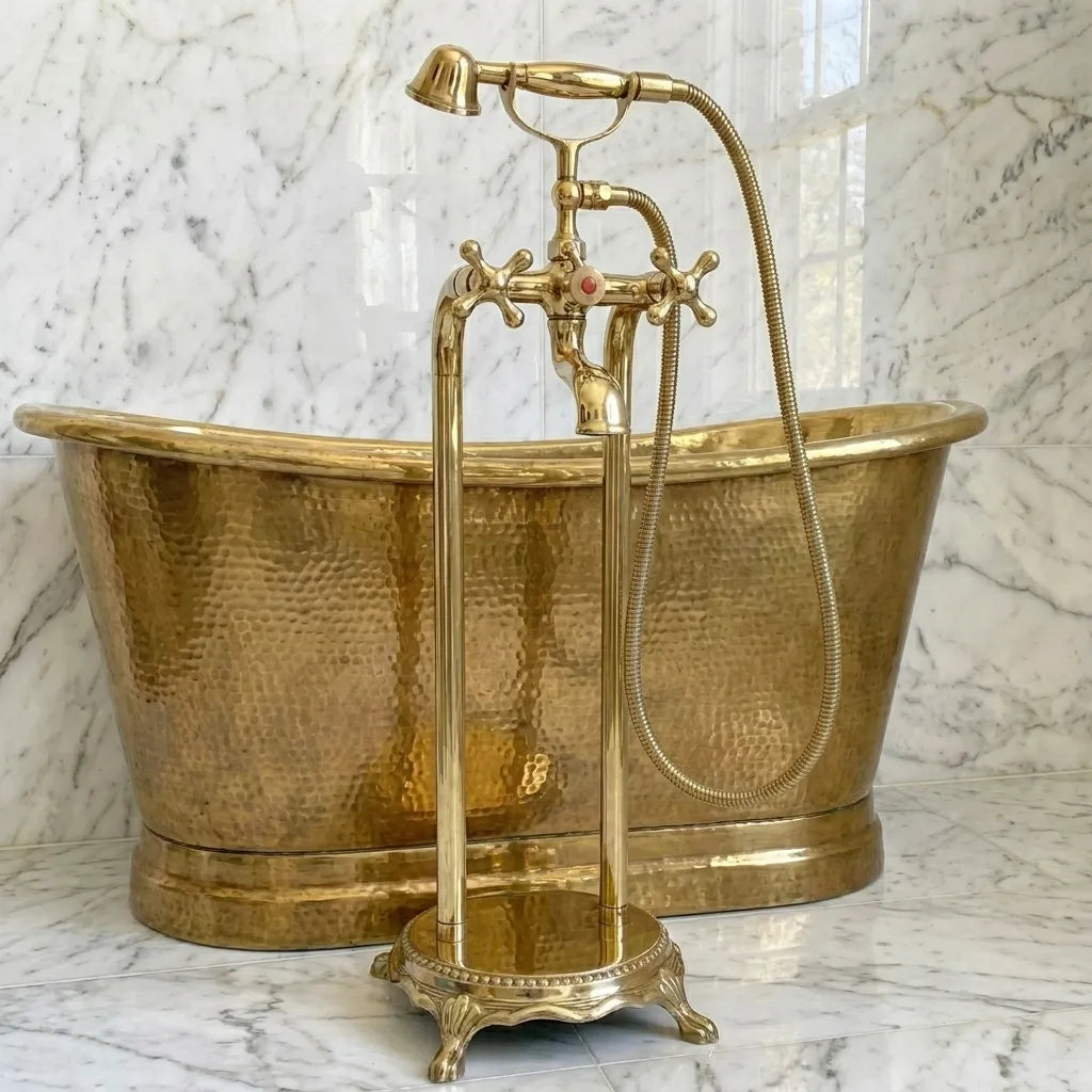 Handmade unlacquered brass tub filler for luxury bathroom design