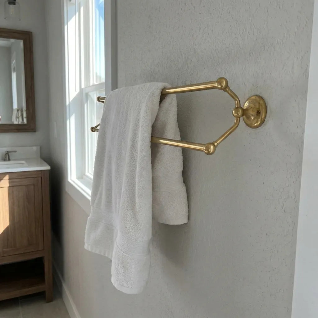 Unlacquered Brass Double Towel Bar – Wall Mounted Bath RackHandcrafted unlacquered brass double towel bar
