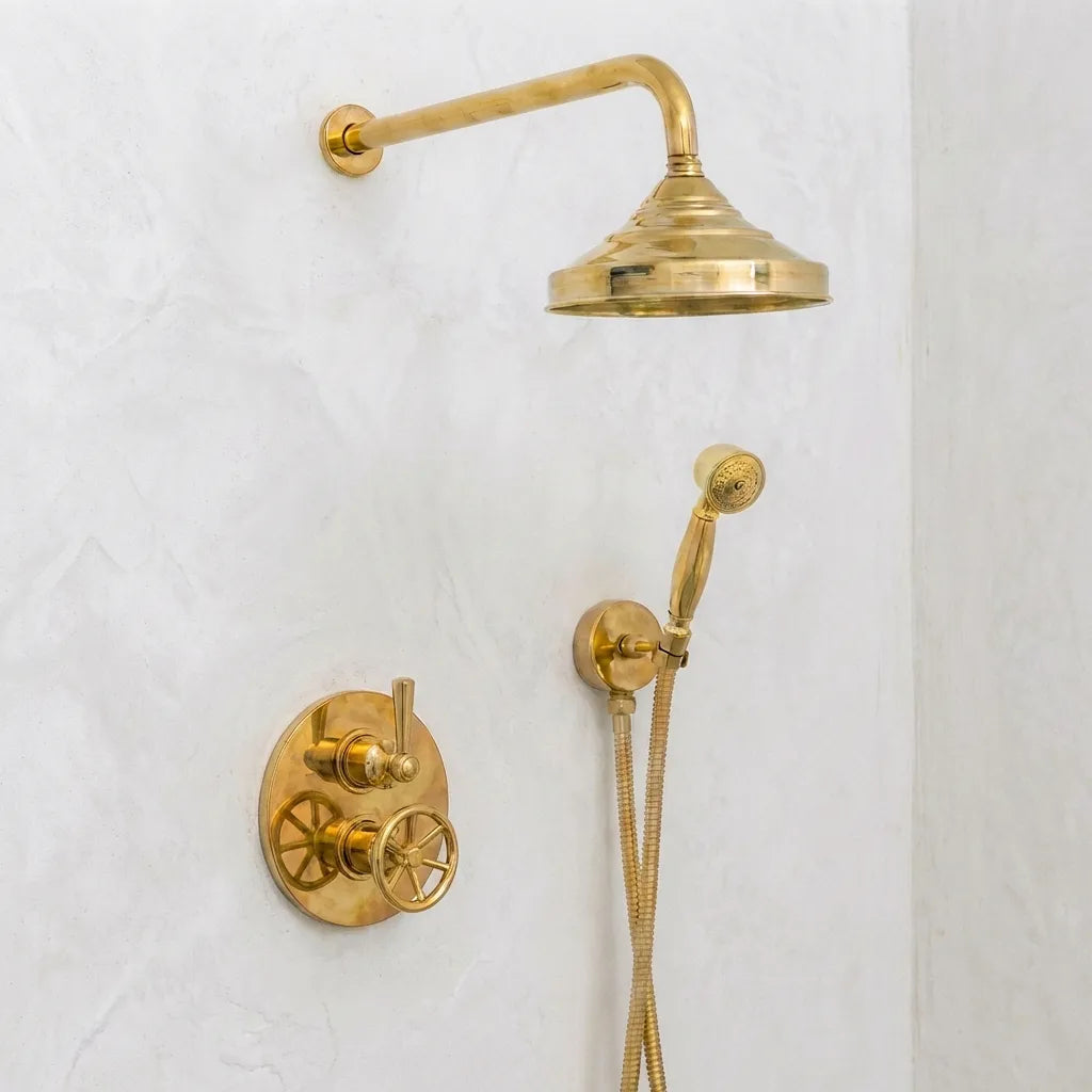 Unlacquered Brass Thermostatic Mixer Shower System -Rain Head with HandheldUnlacquered Brass Thermostatic Mixer Shower System - Rain Head with Handheld