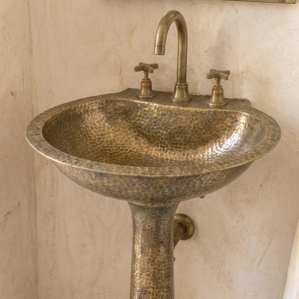 Handcrafted Hammered Brass Pedestal Sink - Vintage Unlacquered Bathroom BasinHandcrafted Hammered Brass Pedestal Sink -Vintage Bathroom Basin