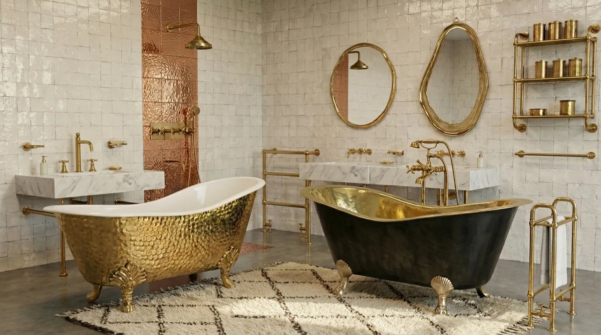 Luxury handmade unlacquered brass bathroom by Zayian featuring hammered brass clawfoot bathtub, aged copper soaking tub, brass freestanding tub filler, unlacquered brass bathroom faucets, custom brass mirrors, brass shower system, brass towel rails, brass shelving, artisan metal bathroom fixtures, luxury farmhouse bathroom design.