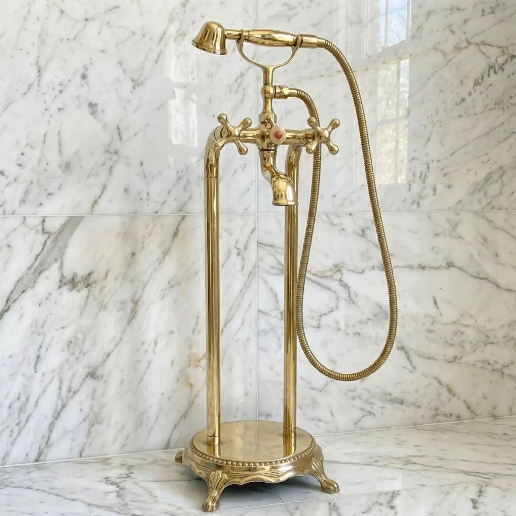 Luxury unlacquered brass freestanding bathtub faucet with handheld shower