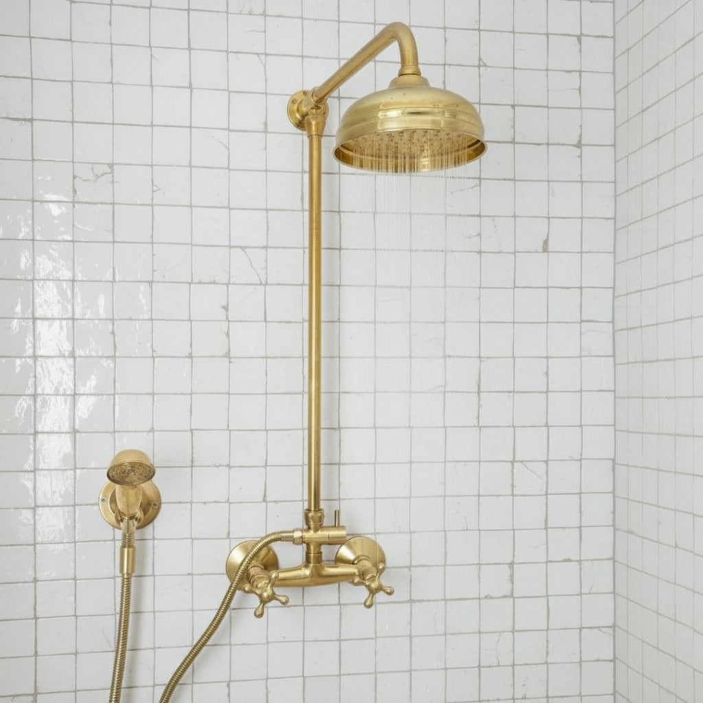 Unlacquered Brass Shower System – Wall Mount Mixer with Handheld - Zayian